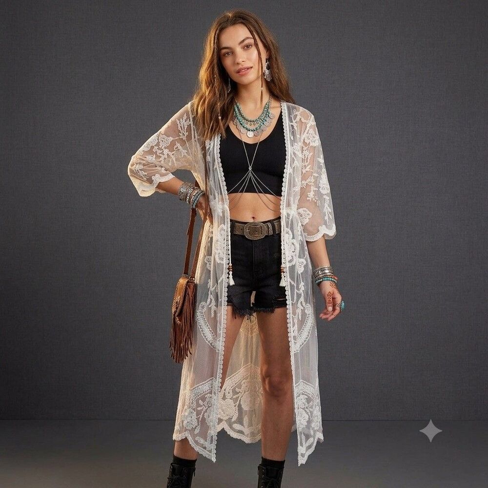 Mi Ami White Sheer Embroidered Lace Floral Kimono Cardigan L/XL duster boho